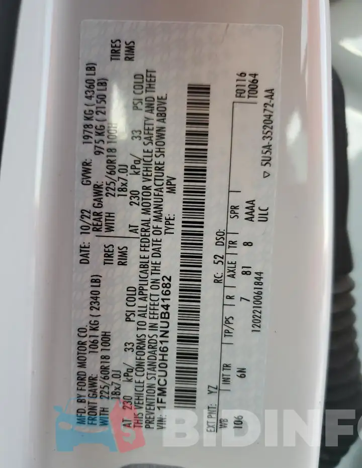 1FMCU0H61NUB41682 Photo# 12
