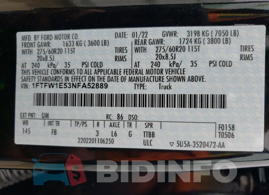 1FTFW1E53NFA52889 Photo# 12