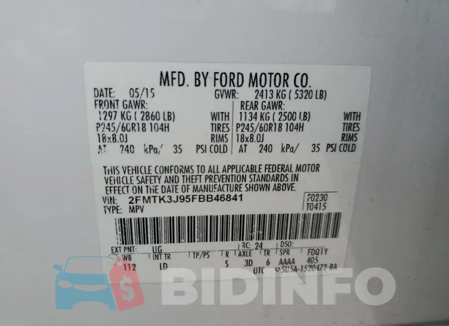 2FMTK3J95FBB46841 Photo# 14