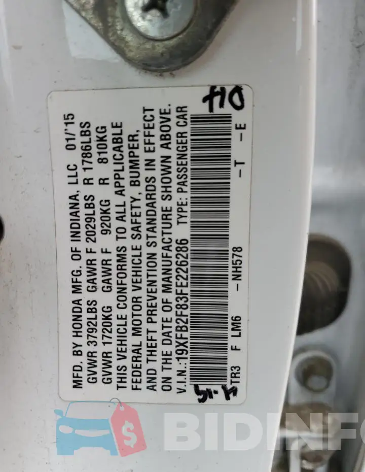 19XFB2F83FE226286 Photo# 12