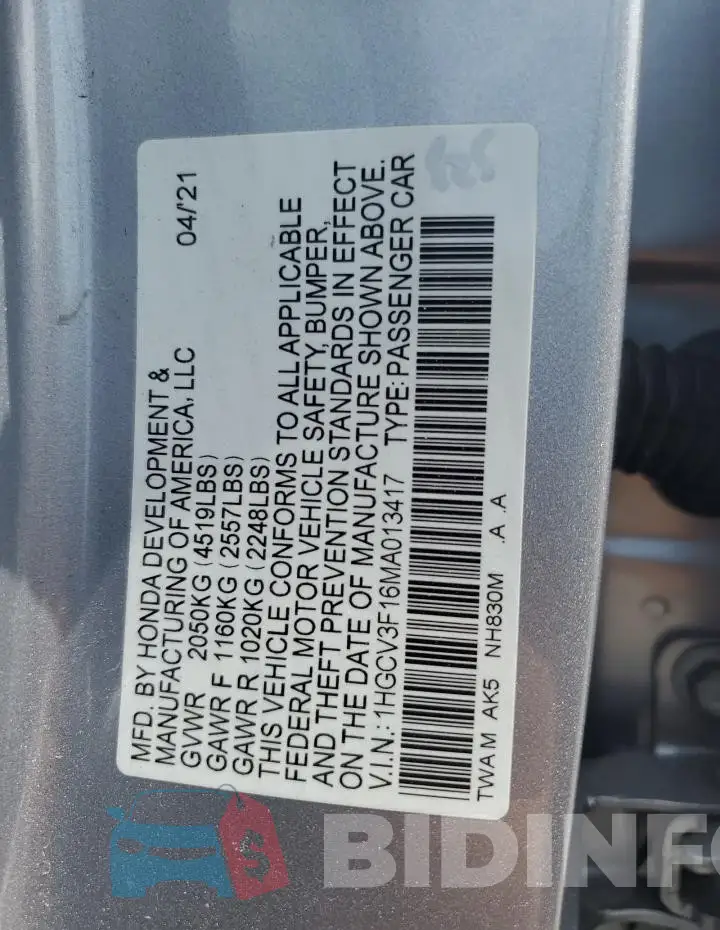 1HGCV3F16MA013417 Photo# 12