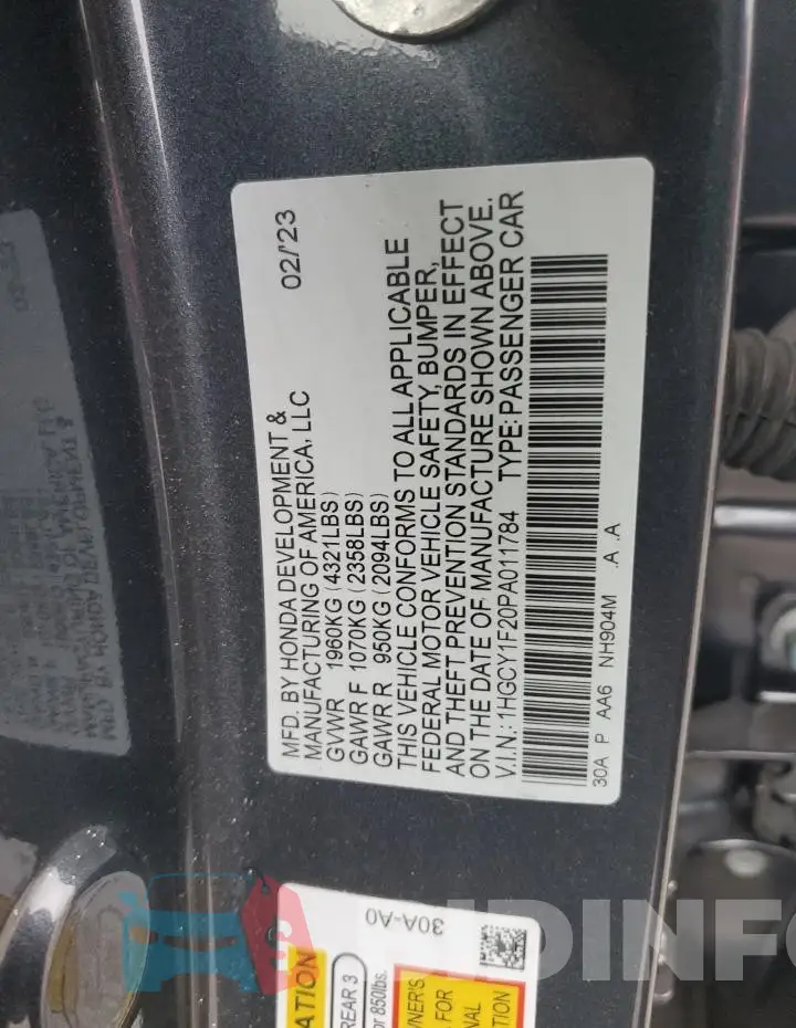 1HGCY1F20PA011784 Photo# 12