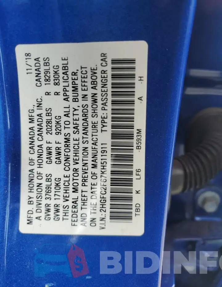 2HGFC2F67KH511911 Photo# 12