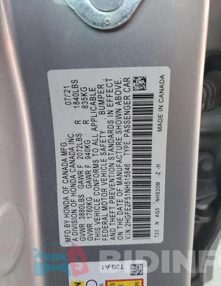 2HGFE2F51NH515846 Photo# 12