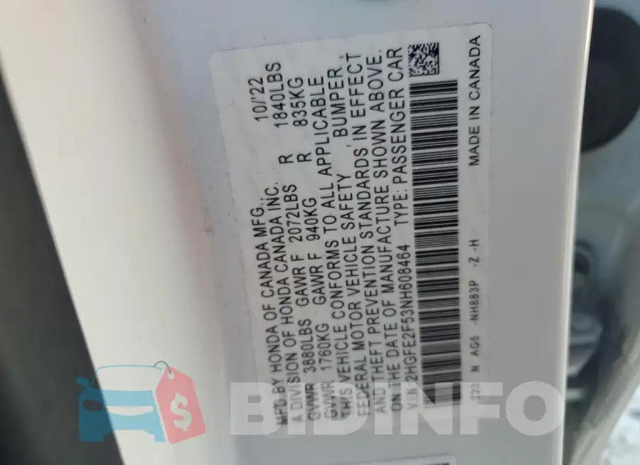 2HGFE2F53NH608464 Photo# 12