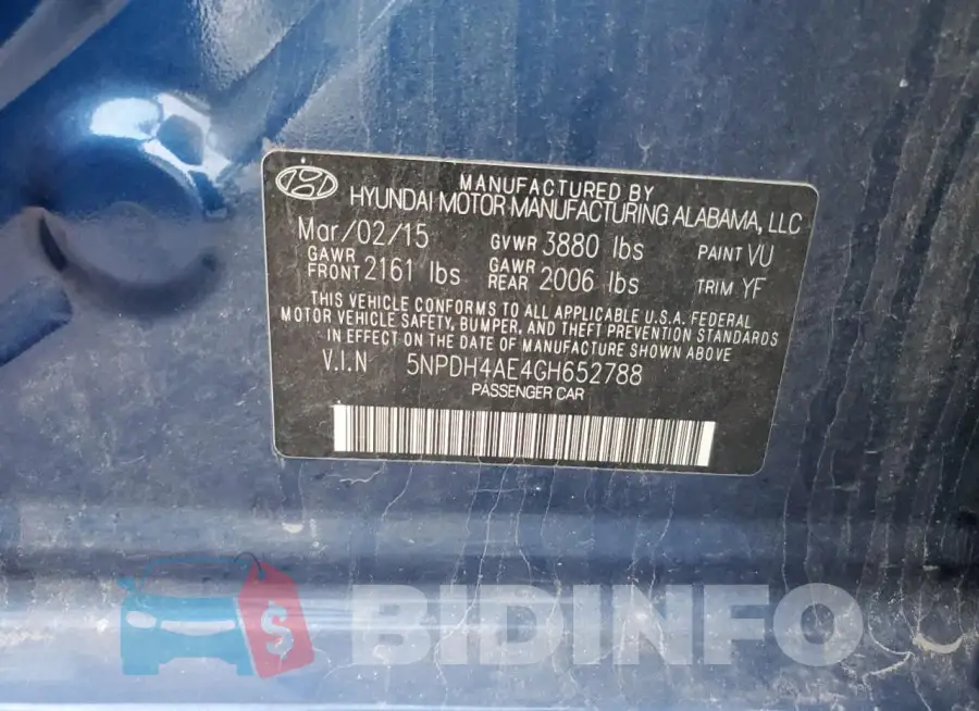 5NPDH4AE4GH652788 Photo# 12