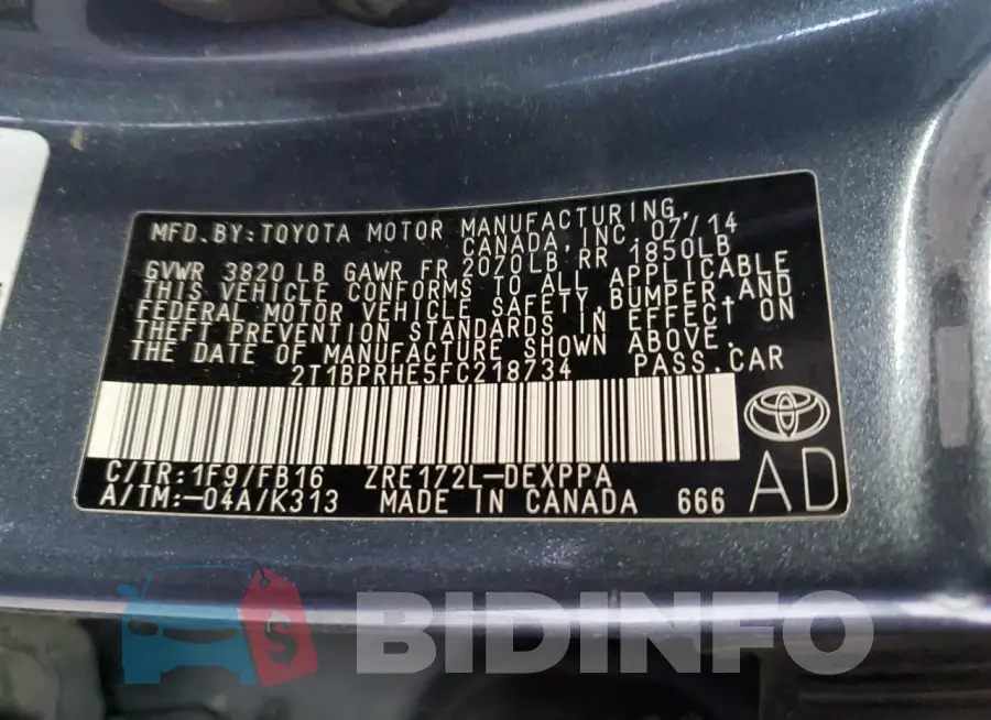 2T1BPRHE5FC218734 Photo# 12
