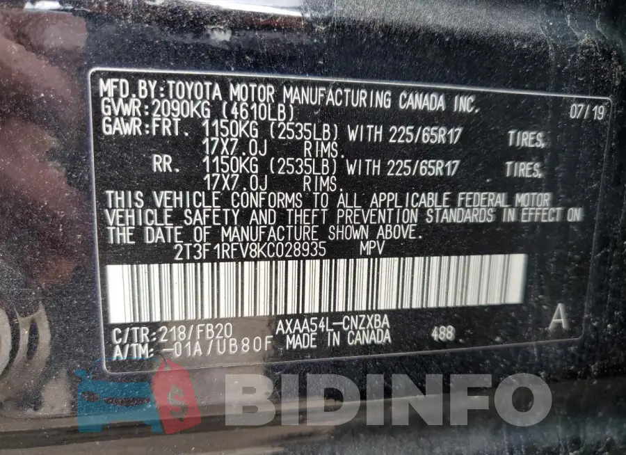 2T3F1RFV8KC028935 Photo# 13