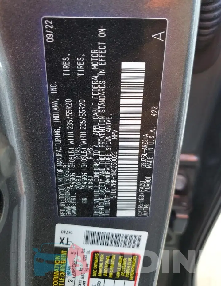 5TDLZRBH1NS250023 Photo# 13