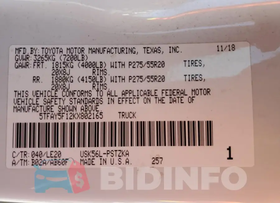5TFAY5F12KX802165 Photo# 13