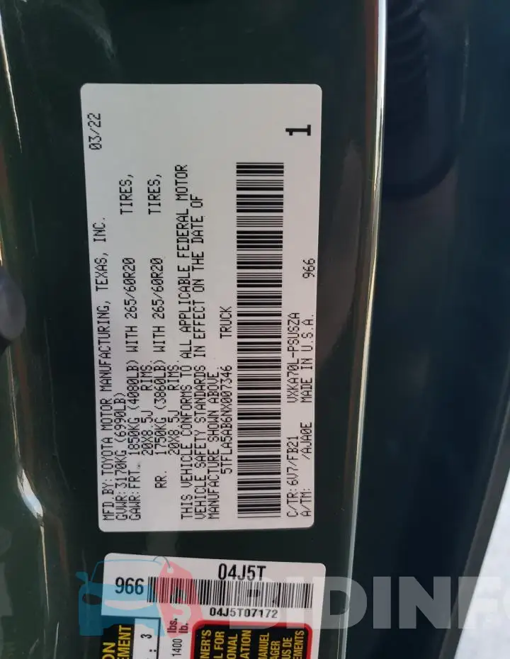5TFLA5AB6NX007346 Photo# 12