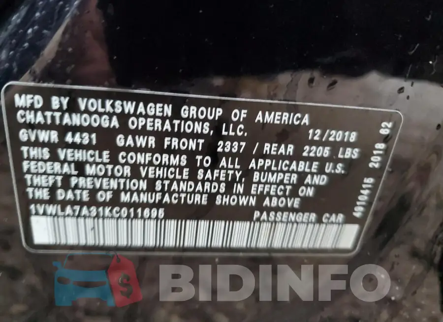 1VWLA7A31KC011695 Photo# 12