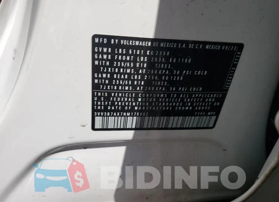 3VV3B7AX7NM175802 Photo# 13
