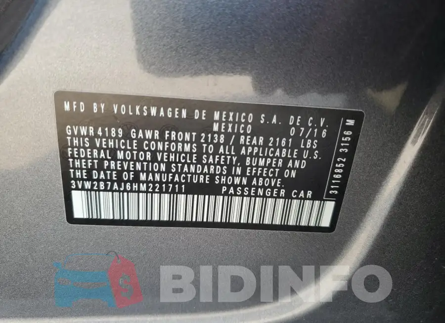 3VW2B7AJ6HM221711 Photo# 12