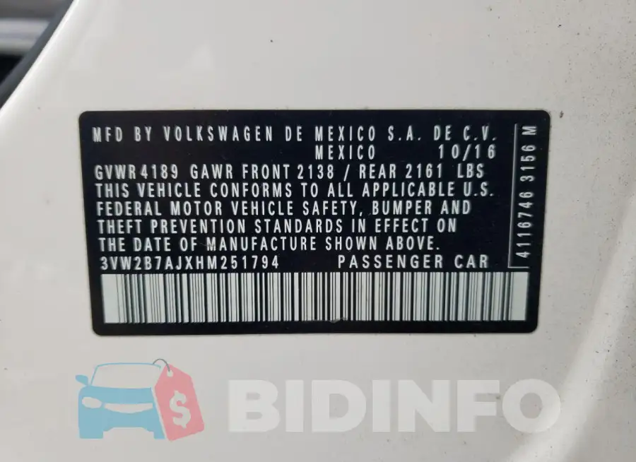 3VW2B7AJXHM251794 Photo# 12