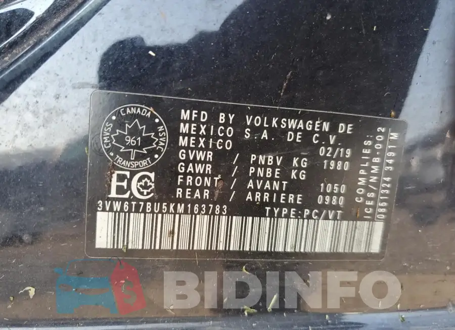 3VW6T7BU5KM163783 Photo# 12