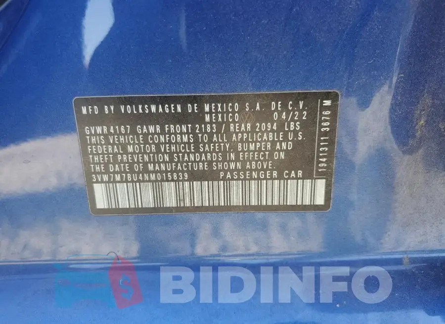3VW7M7BU4NM015839 Photo# 12
