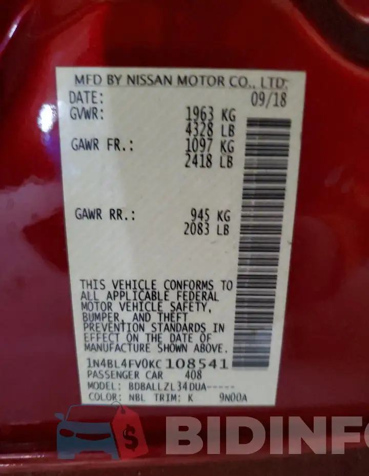 1N4BL4FV0KC108541 Photo# 13