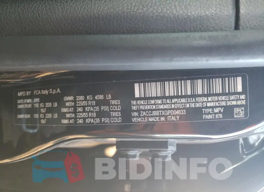 ZACCJBBTXGPD04633 Photo# 12