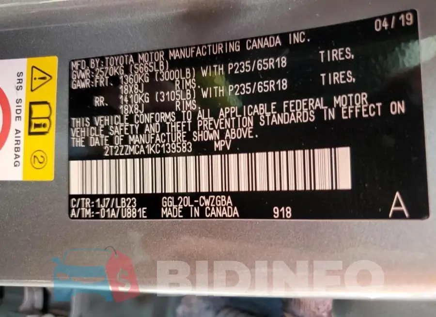 2T2ZZMCA1KC139583 Photo# 13