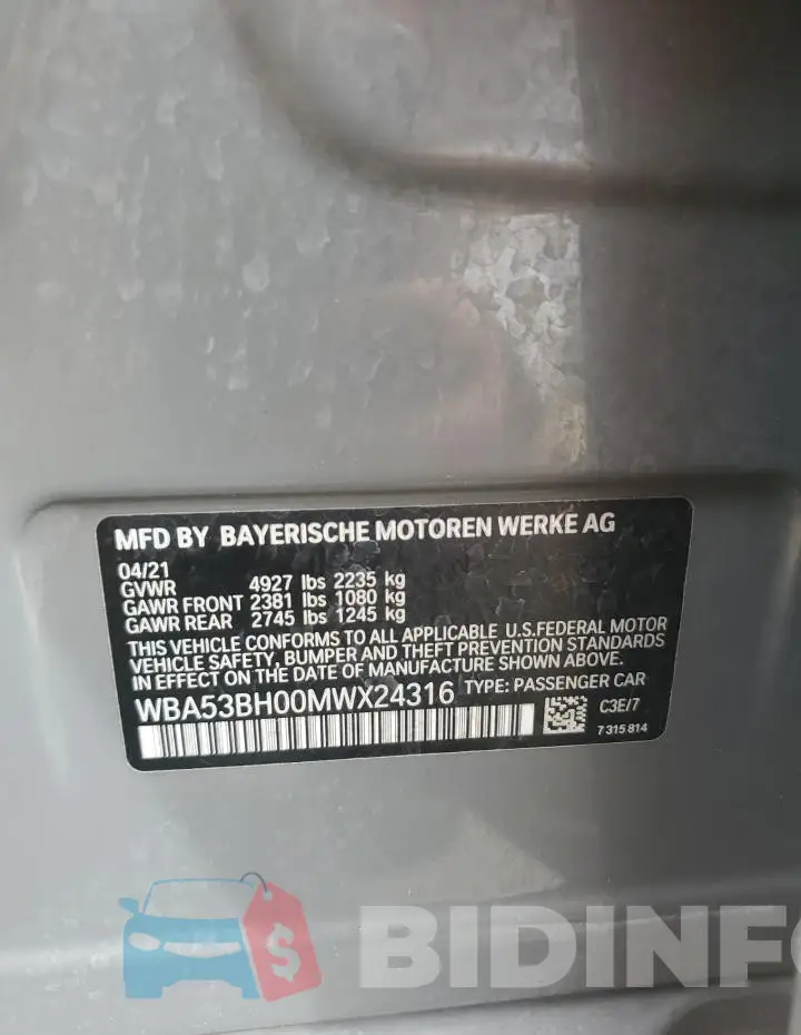WBA53BH00MWX24316 Photo# 13