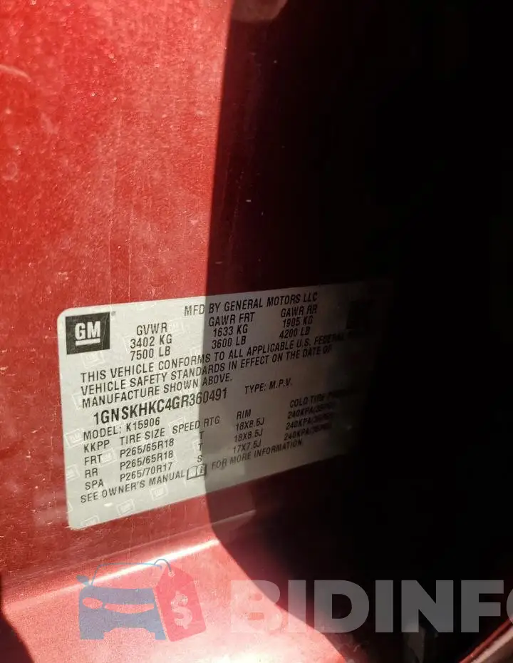 1GNSKHKC4GR360491 Photo# 13