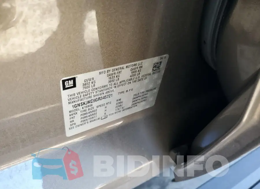1GNSKJKC9GR345721 Photo# 12