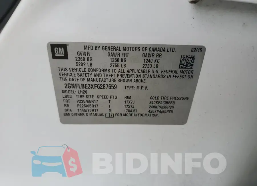 2GNFLBE3XF6287659 Photo# 13