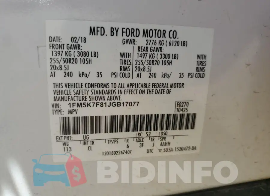 1FM5K7F81JGB17077 Photo# 14