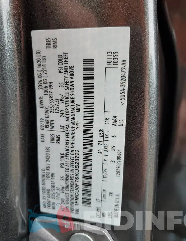 1FMCU0F76KUB20222 Photo# 13