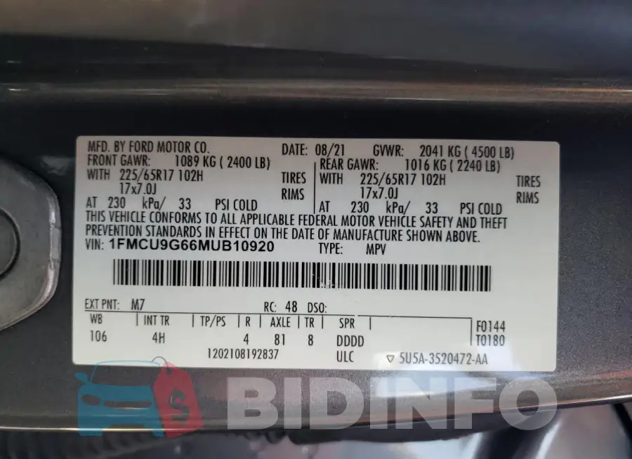 1FMCU9G66MUB10920 Photo# 14