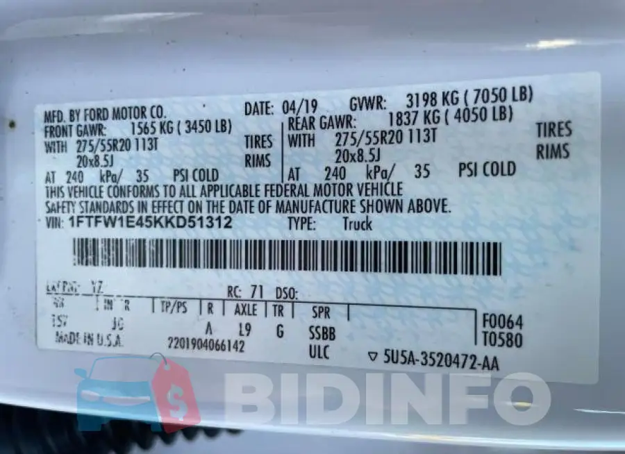 1FTFW1E45KKD51312 Photo# 10