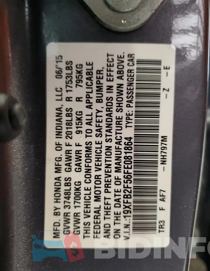 19XFB2F56FE081864 Photo# 13