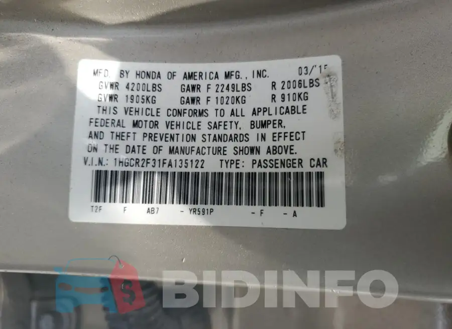 1HGCR2F31FA135122 Photo# 12
