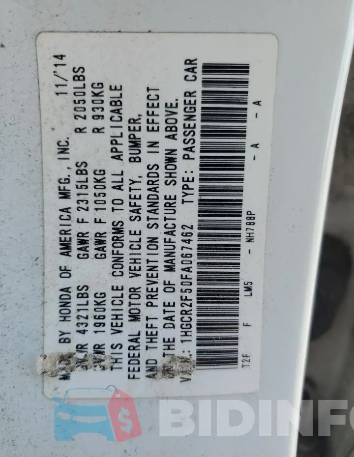 1HGCR2F50FA067462 Photo# 12