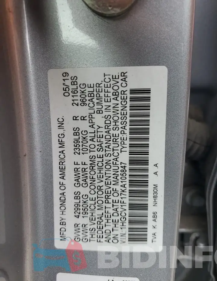 1HGCV1F17KA105847 Photo# 12