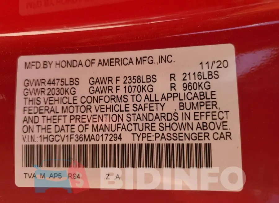 1HGCV1F36MA017294 Photo# 12