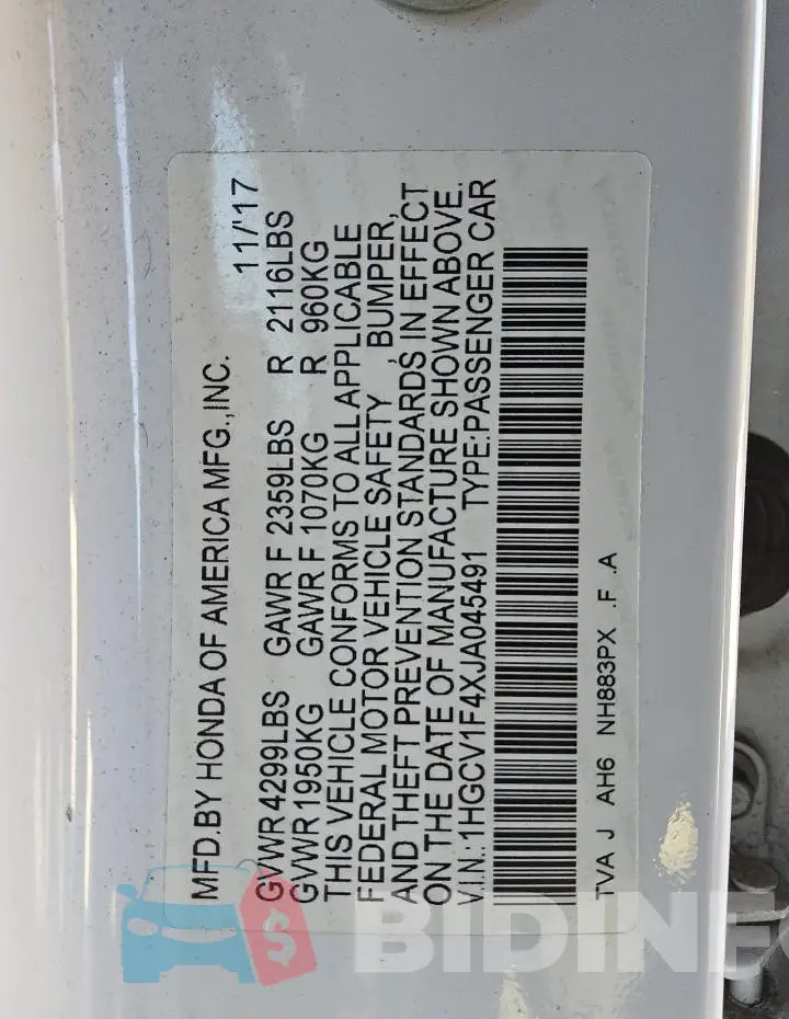 1HGCV1F4XJA045491 Photo# 12