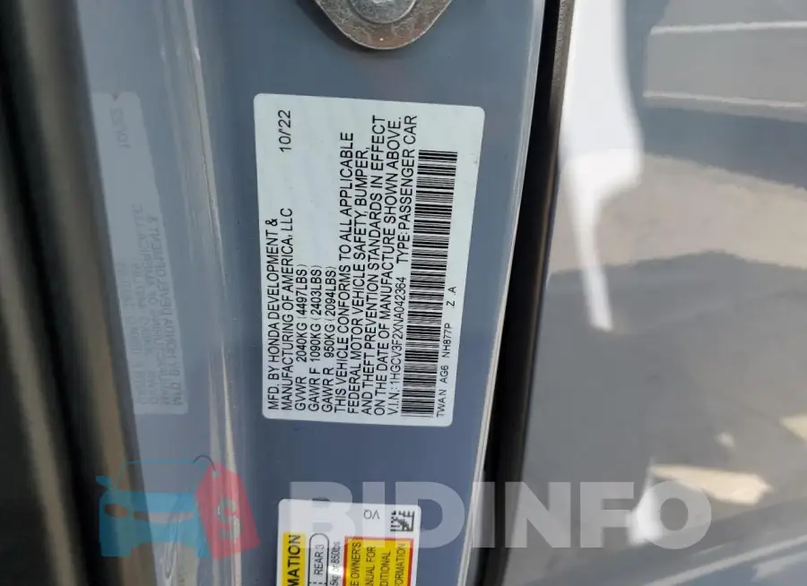 1HGCV3F2XNA042364 Photo# 12