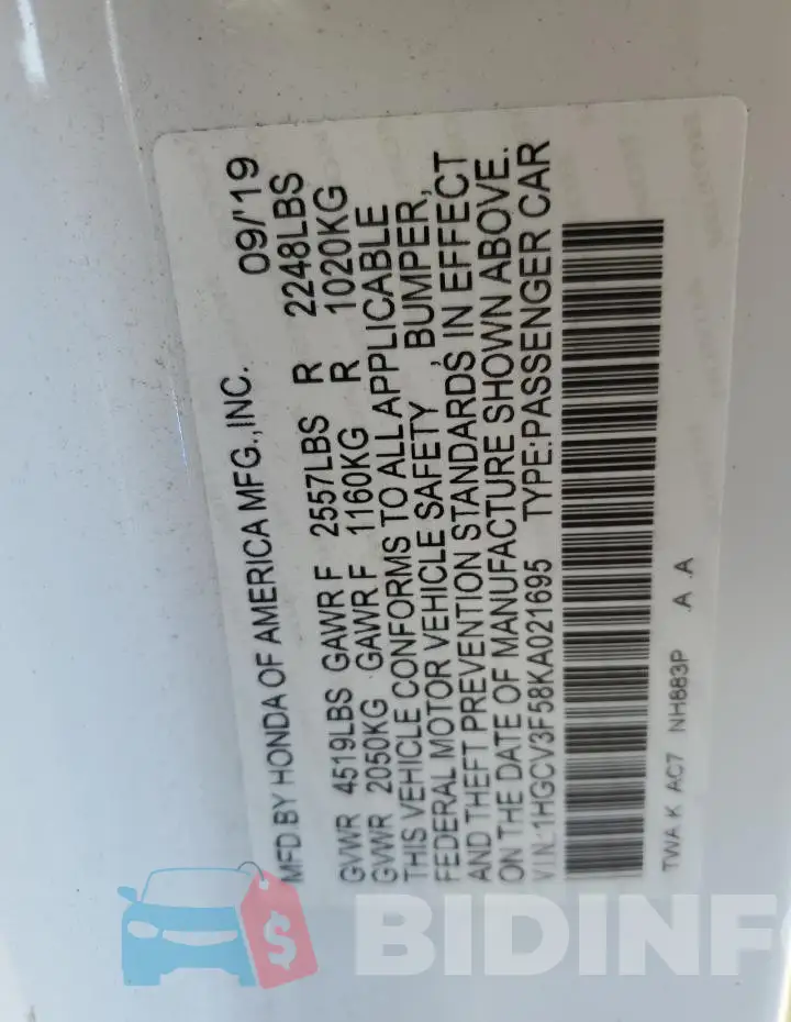 1HGCV3F58KA021695 Photo# 13