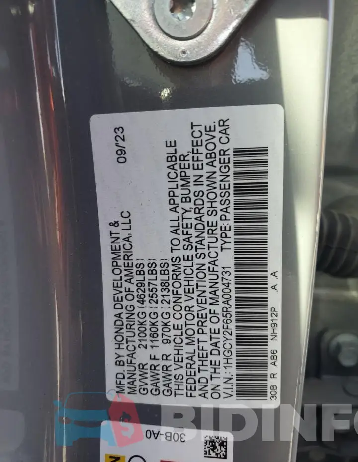 1HGCY2F65RA004731 Photo# 13