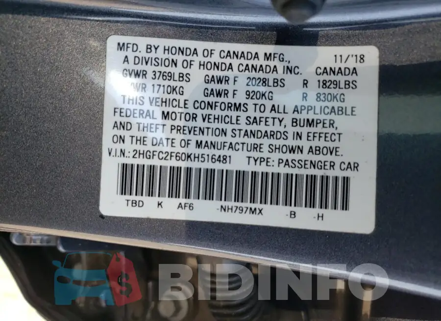 2HGFC2F60KH516481 Photo# 12
