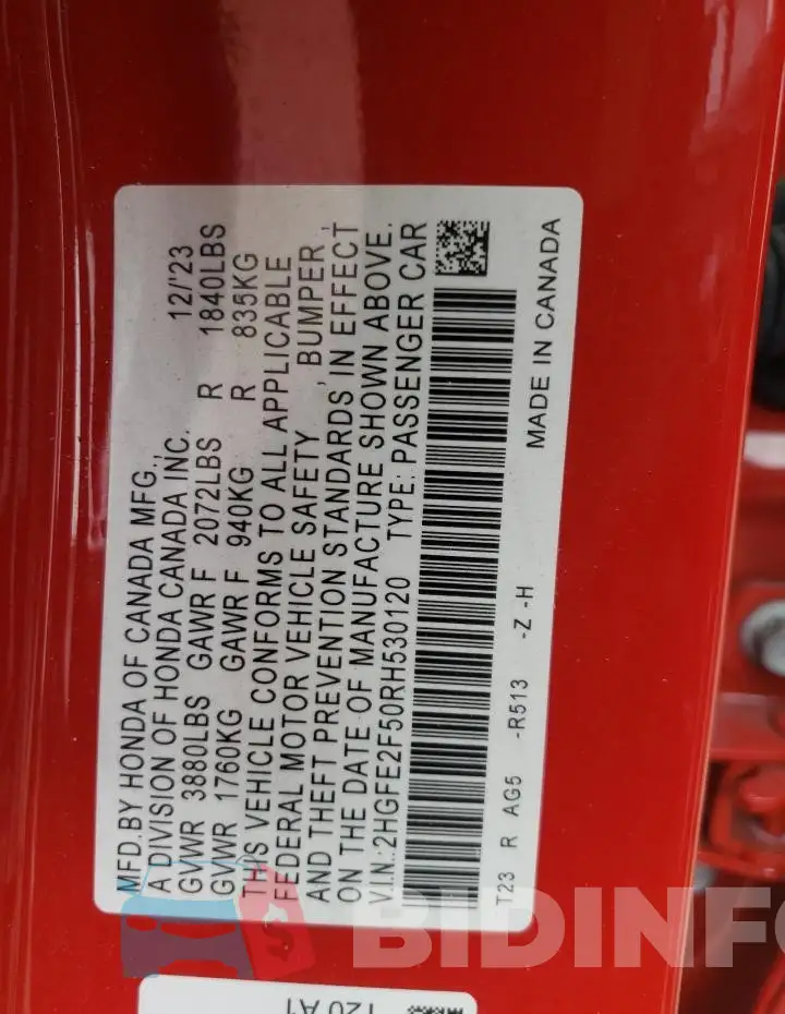 2HGFE2F50RH530120 Photo# 12