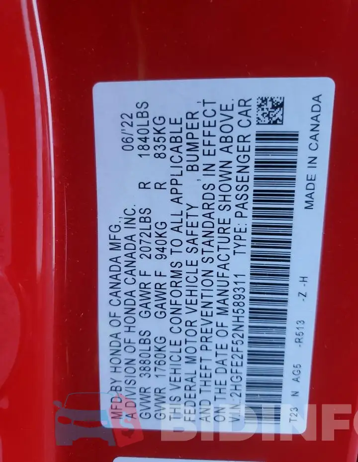 2HGFE2F52NH589311 Photo# 12