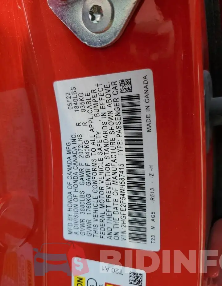 2HGFE2F54NH587415 Photo# 13
