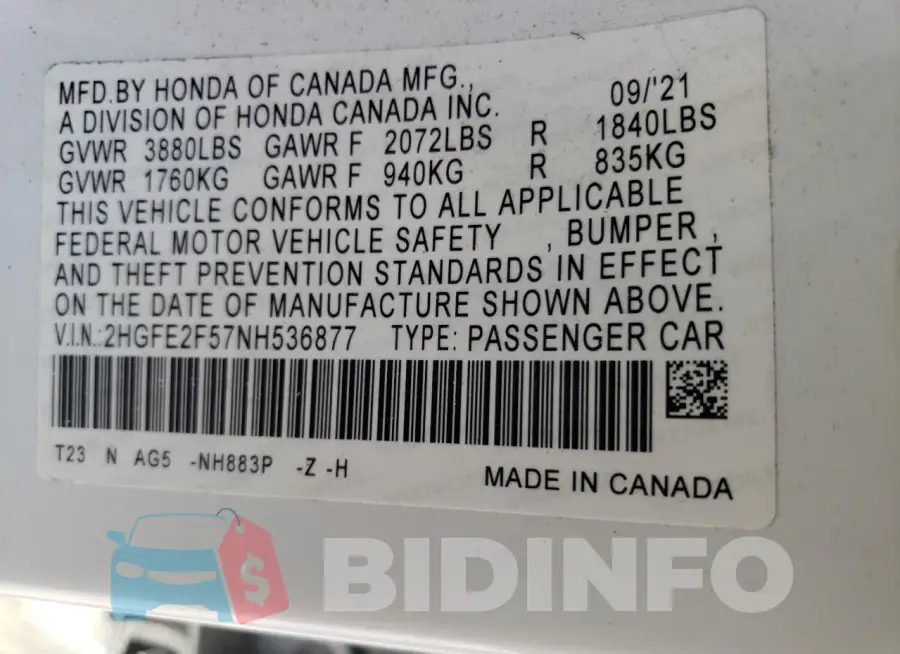 2HGFE2F57NH536877 Photo# 12