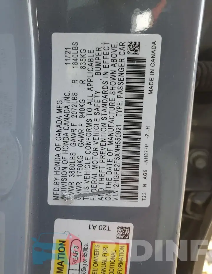 2HGFE2F5XNH550921 Photo# 12