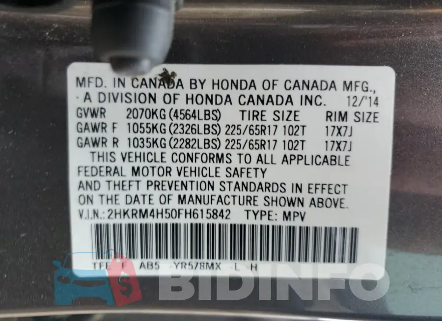2HKRM4H50FH615842 Photo# 13