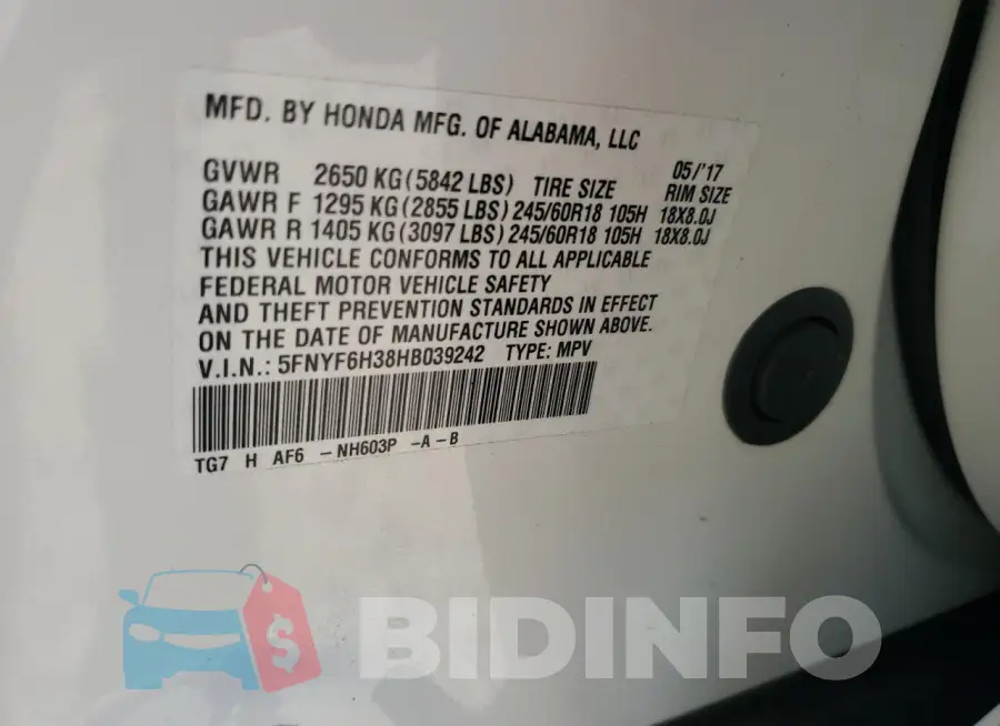 5FNYF6H38HB039242 Photo# 13