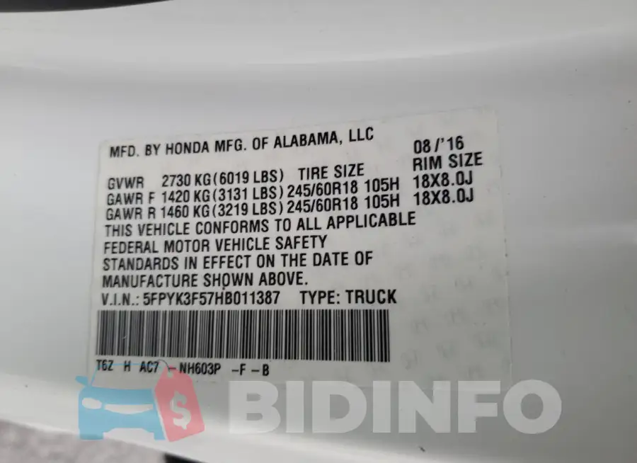 5FPYK3F57HB011387 Photo# 12